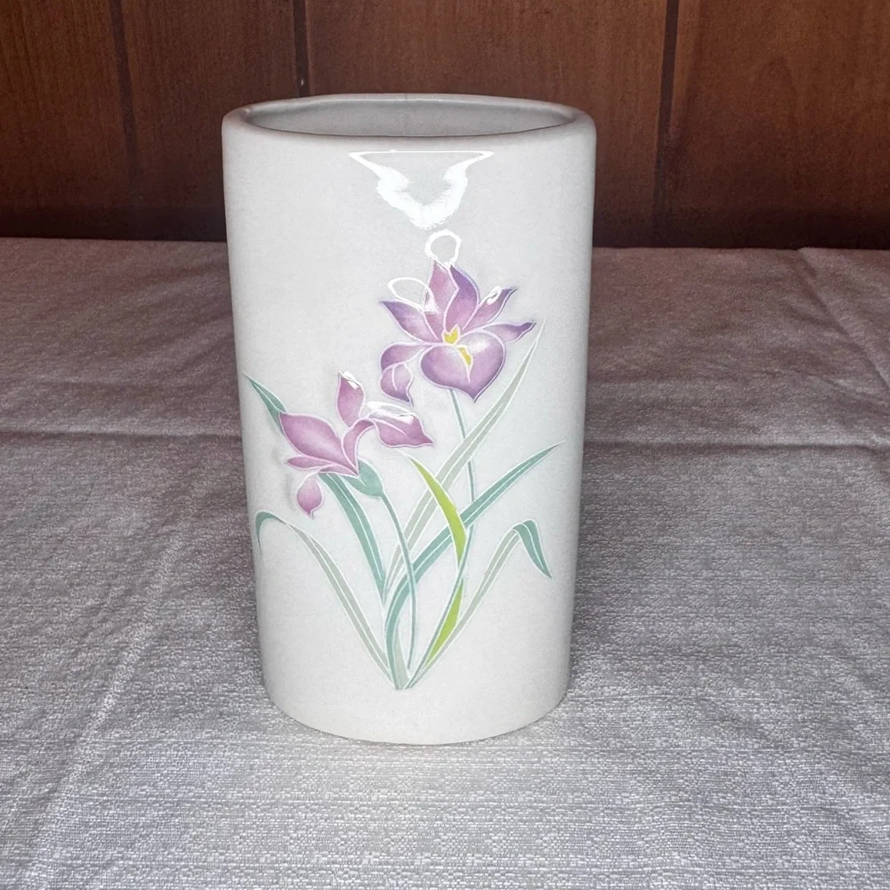 White Ceramic Vase with Pink Floral Motif